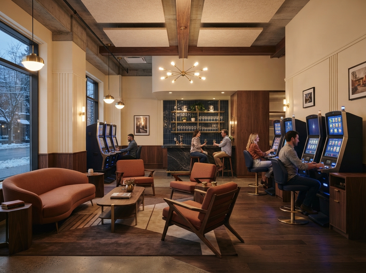 Mid-century inspired lounge with physical gaming machines
