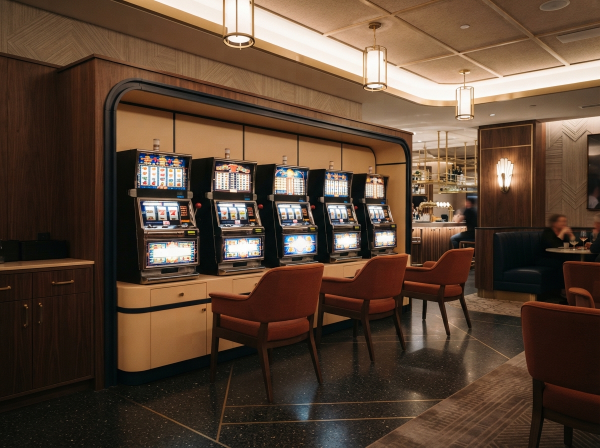 Classic reel-style gaming machines in a warm venue interior